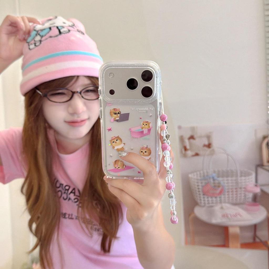 Cute Pink Cat Phone Case for iPhone 16/15p/14/17 Pro Max with Round Edges