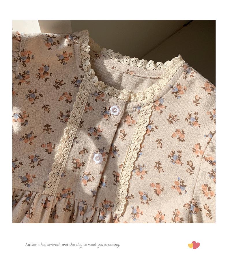French Retro Floral Puff Sleeve Girls' Dress - Autumn Style, Long Sleeve, Sweet Korean Version Skirt for Children.