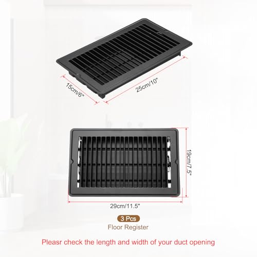 PATIKIL 10" x 6" Floor Vents, Set of 3, Heavy-Duty Steel, Adjustable, Decorative, Wall-Mounted, Black