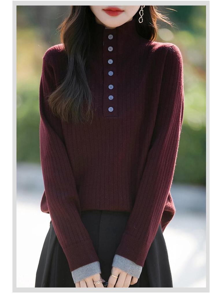 Women's Knitted Sweater with Turn-Down Collar - Two-Piece Illusion, Long Sleeve, Loose Fit, Slimming Design for Autumn/Winter.