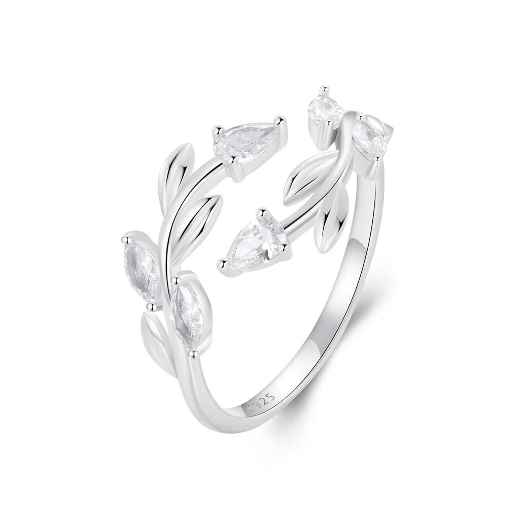 WOSTU 925 Sterling Silver Leaf Shaped Opening Ring For Women Full Shiny Zircon Leaves Stackable Party Girls Rings Korean Jewelry