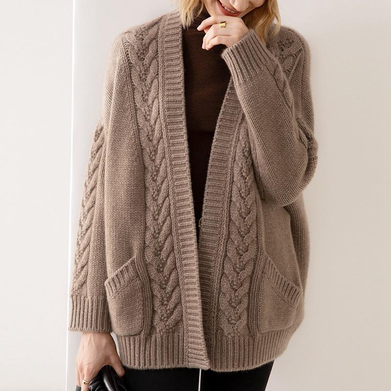 European and American V-neck Twist Sweater Women's Autumn and Winter Coat Wearing Lazy Wind Knitted Cardigan Top