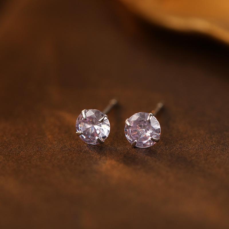 Banyan Tree S999 Silver Birthstone Earrings: Women's Four-Claw Colored Diamond Ear Studs for Everyday Wear