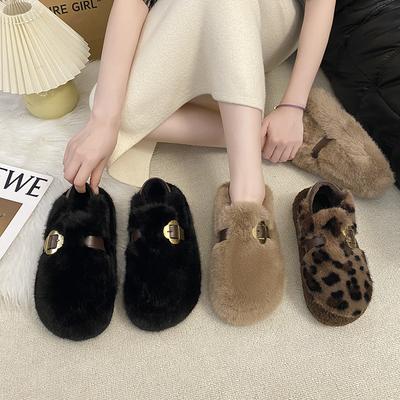 Luipaardprint zachtzool pluizige schoenen voor dames 2025 winter bovenkleding geavanceerd gevoel fluweel één pedaal met rok Doudou schoenen katoenen schoenen