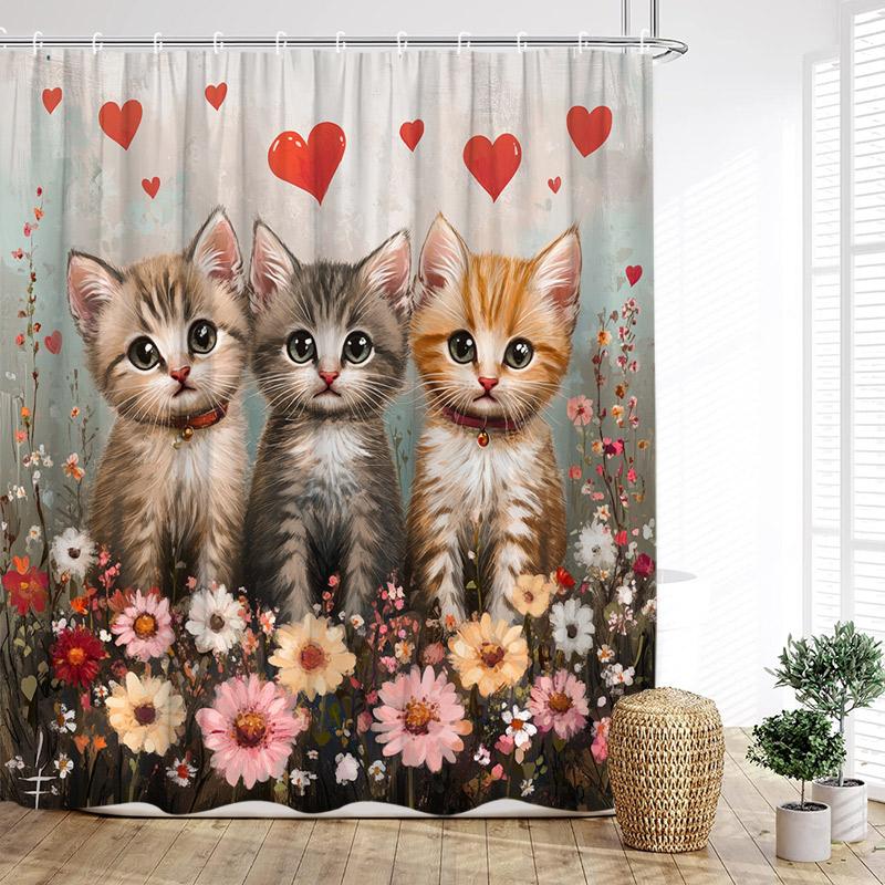 Cute Cats Shower Curtain Vintage Watercolour Floral Plant Animals Pet Kids Bath Curtains Fabric Home Bathroom Decor With Hooks