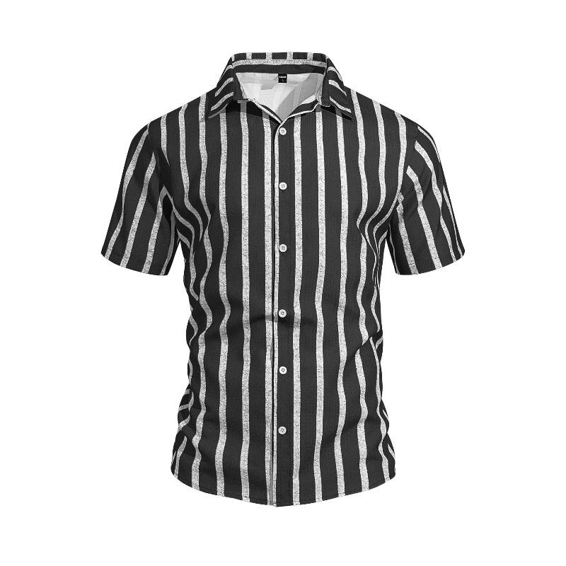 Summer Casual Short Sleeve Shirt Vertical Stripe Pattern Men Daily Blouse Fashion Regular Fit Men Striped Turn Collar Short Sleeve Shirt