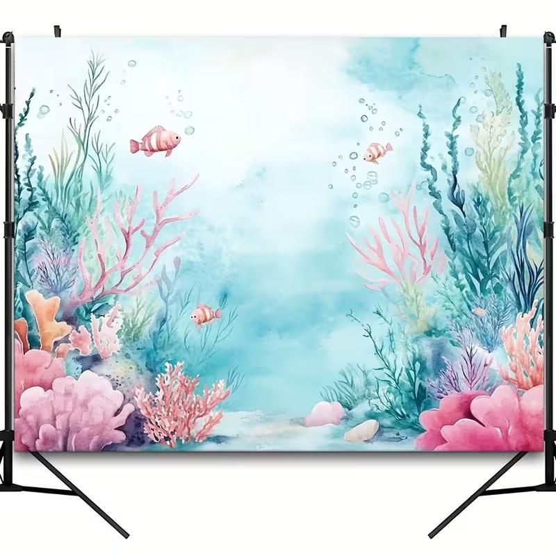 2D Watercolor Underwater Backdrop, Pastel Coral Reef and Fish Photography Background