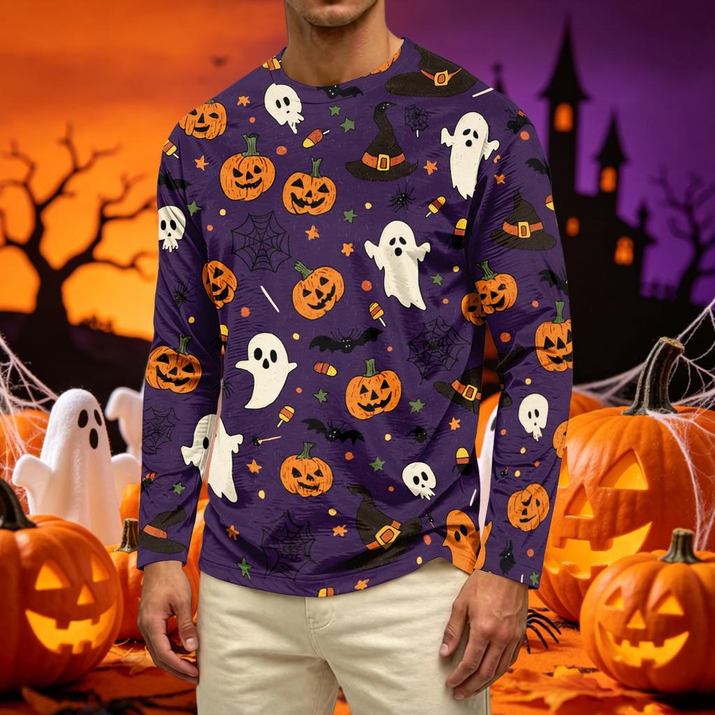 Men's Casual Long Sleeve T Shirt Crew Neck Halloween Pumpkin Print Lightweight Comfortable Fit Top for Everyday Wear