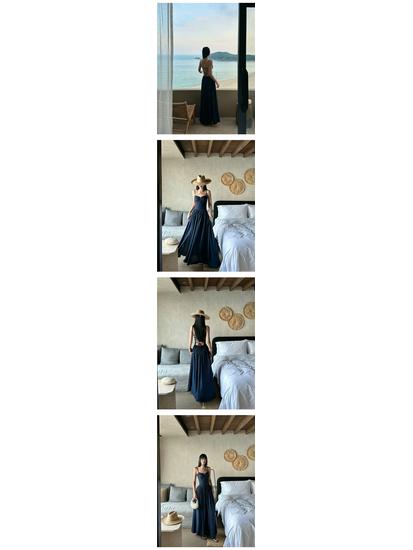 VENUIE Dark Blue Pleated Backless Lace-Up Long Sleeve Split Midi Dress