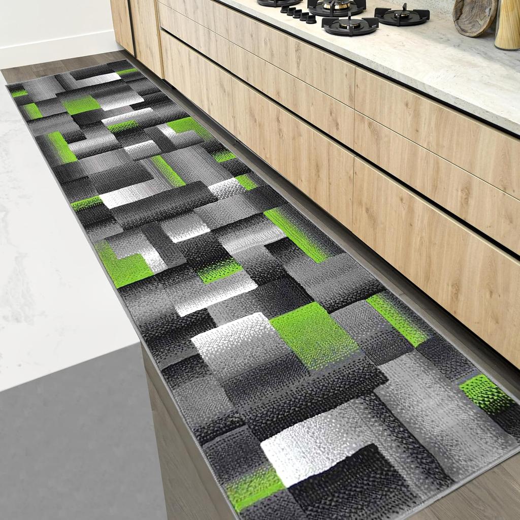Runner Green BlackGray Abstract Geometric Modern Squares Pattern Area Rug - Contemporary Styling for Living Room, Bedroom