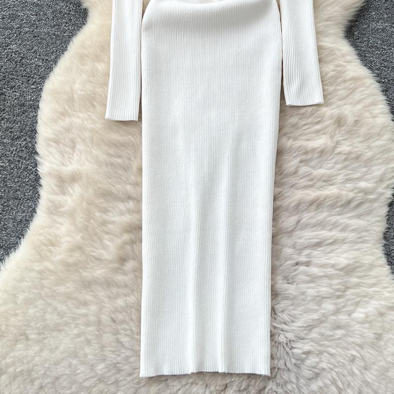 Autumn Spring Women Square Collar Full Sleeve Long Midi Knitted Sweater Office Work Slim Bodycon Pullover Dresses