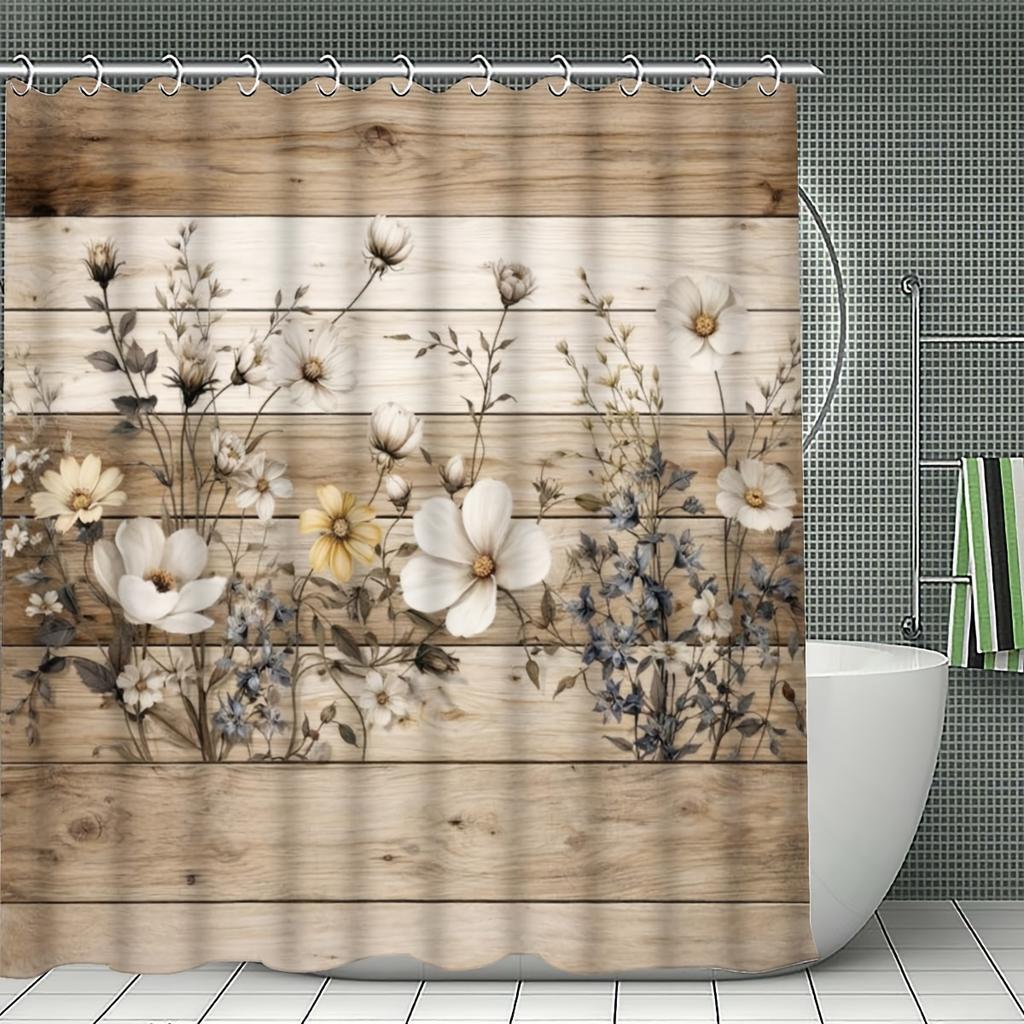 4Pcs Wooden Board Flowers Shower Curtain Set with Non-Slip Bath Mat, Toilet Lid Cover, Contour Rug & 12 Hooks, Bathroom Decor