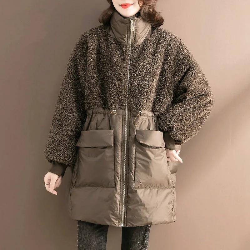 Cotton-padded Jacket Women's Mid-length Winter Fashion Stitching Lamb Wool Cotton-padded Jacket Loose Large Size Warm All-match Padded Jacket