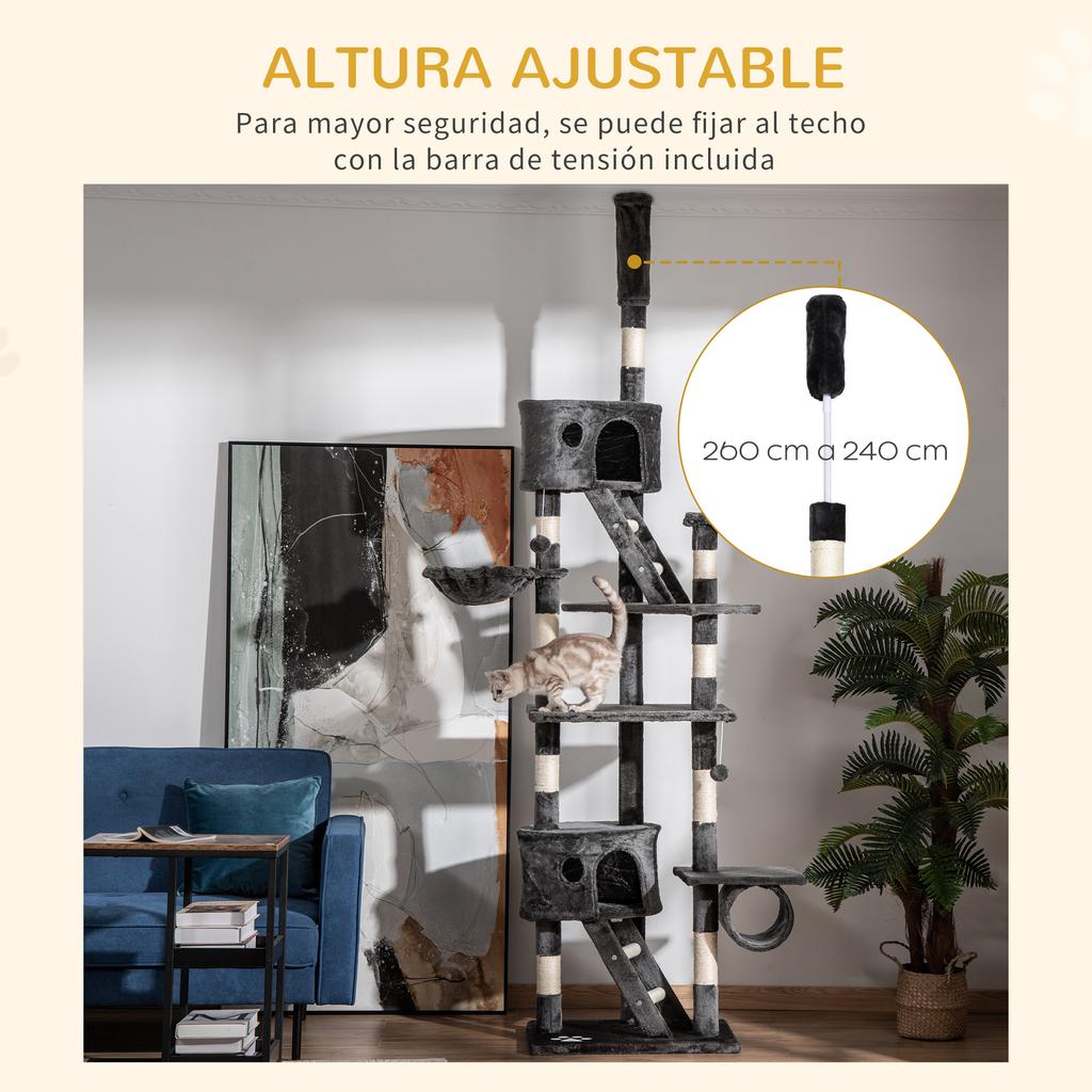 Cat Tree, Floor-to-Ceiling, 240-260 cm, Adjustable Height, Platforms, Caves, Grey