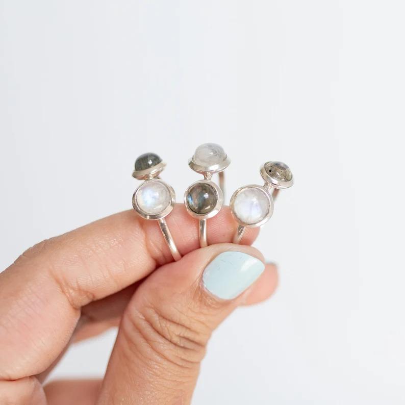 Labradorite Moonstone Round Gemstone Ring, Cabochon Ring, 925 Sterling Silver, Birthstone Ring, Stackable Ring, Christmas Gift