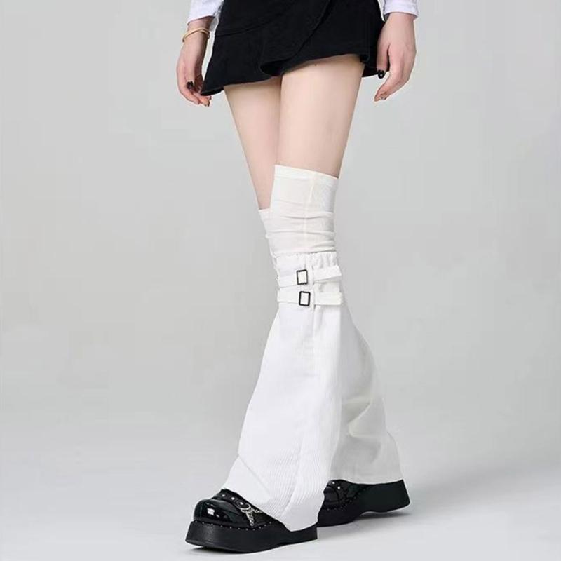 Harajuku Aesthetic Solid Color Leg Warmer Long Socks for Women Punk Buckled Strap Fastener Flared Leg Sleeves Streetwear