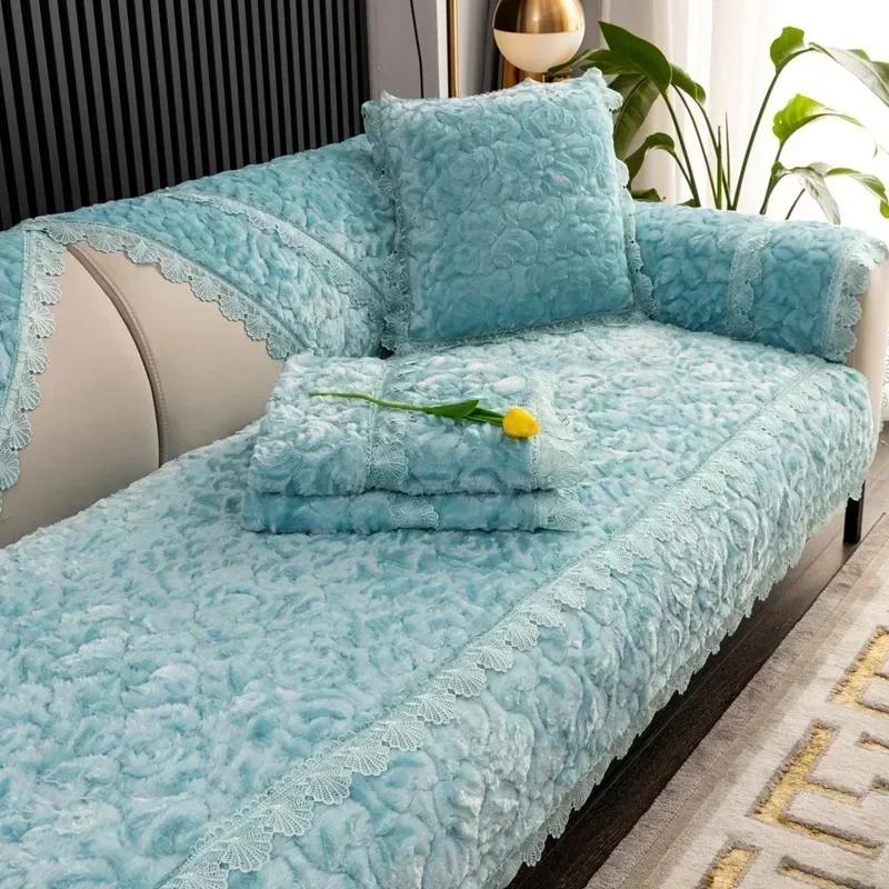 Winter Rose Sofa Towel  Thick Warm  Mat New Modern Minimalist Anti Slip Plush Seat Cushion Set Backrest Cover Cloth