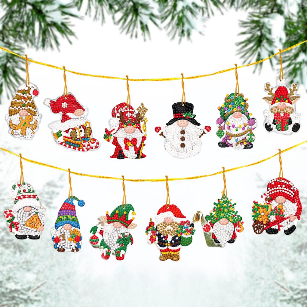 12Pcs Acrylic Christmas Theme Diamond Painting Hanging Ornaments Kit 5D DIY Diamond Art Hanging Decorations for Christmas Tree