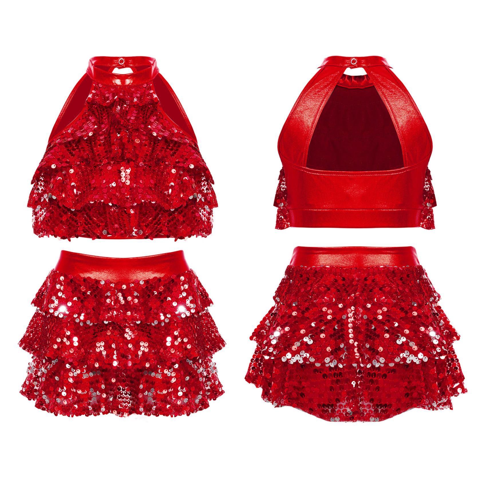 

Детская танцевальная одежда для девочек, блестящие костюмы для джазовых танцев, укороченный топ без рукавов с юбками, комплект танцевальной одежды 7-8 Years