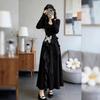 Women's Elegant Black Long-Sleeved Dress - Waist-Cinched, Long Skirt for Spring, Autumn, Winter Fashion