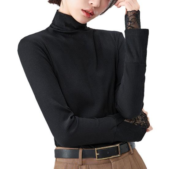 

Женские топы-топы Slim Fit с высоким воротником и длинными рукавами, с разрезами, кружевными манжетами, однотонные S чёрный