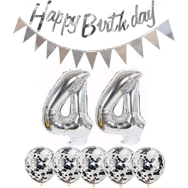 2 Balloons Number 44 + Haappy Birthday Garland + Silver Banner Foil Balloon 44th Birthday Decoration+5 Confetti Balloons Boy Girl 44 Year Birthday