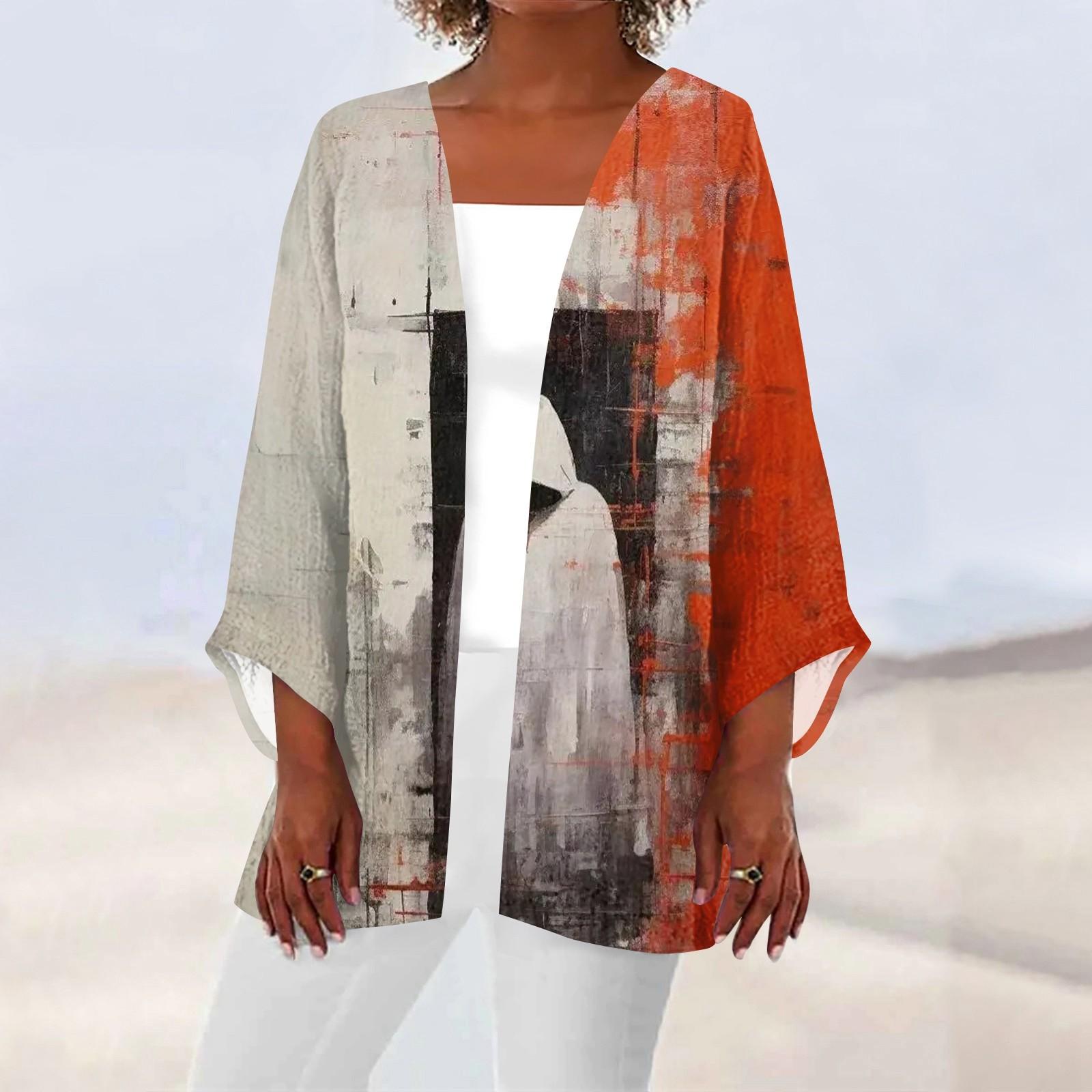 

Женский повседневный модный принт легкий кардиган средней длины с пальто M оранжевый