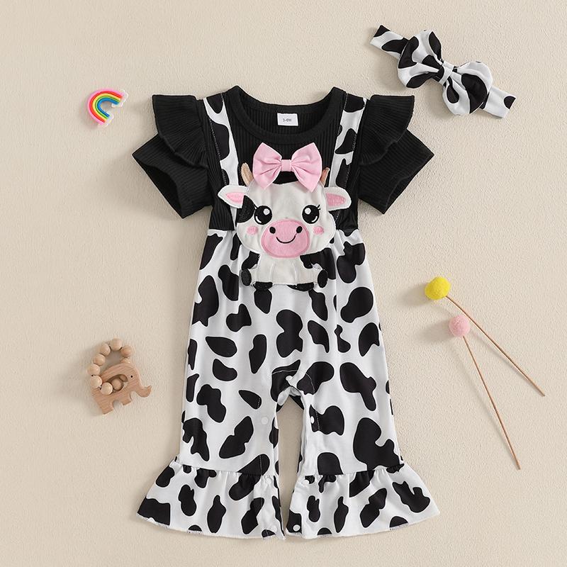 

Summer Baby Girls Jumpsuit Infant Newborn Baby Girls Short Sleeve Round Neck Cow Embroidery Rompers Clothes 0-3M