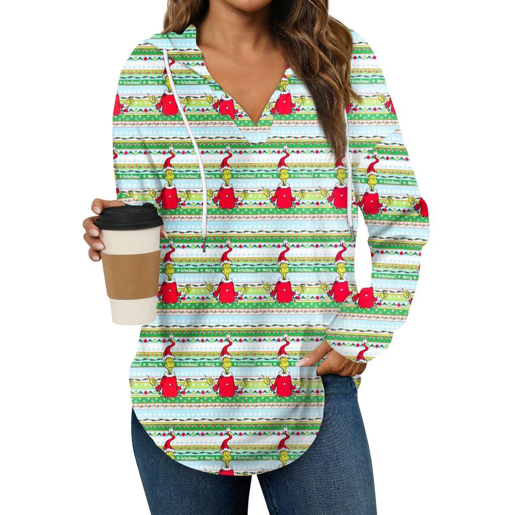 Women's Fashion Hoodies V Neck Long Sleeve Christmas Printed Drawstring Casual Loose Pullover Tops