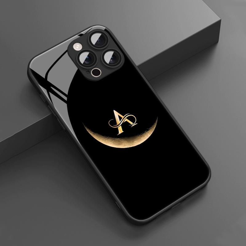 Trendy Moon Letter A Pattern Tempered Glass Black Phone Case For iPhone 11 12 13 14 15 16 17 Pro Max 17 Air 7 8 Plus XS X Cover