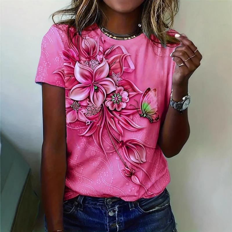 Women's T-shirt 3D Floral Print Short Sleeved T-shirt for Summer