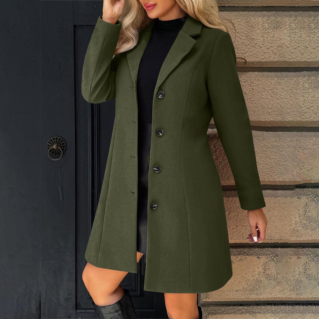 Women's Solid Color Long Sleeved Lapel Long Coat Woolen Button Coat
