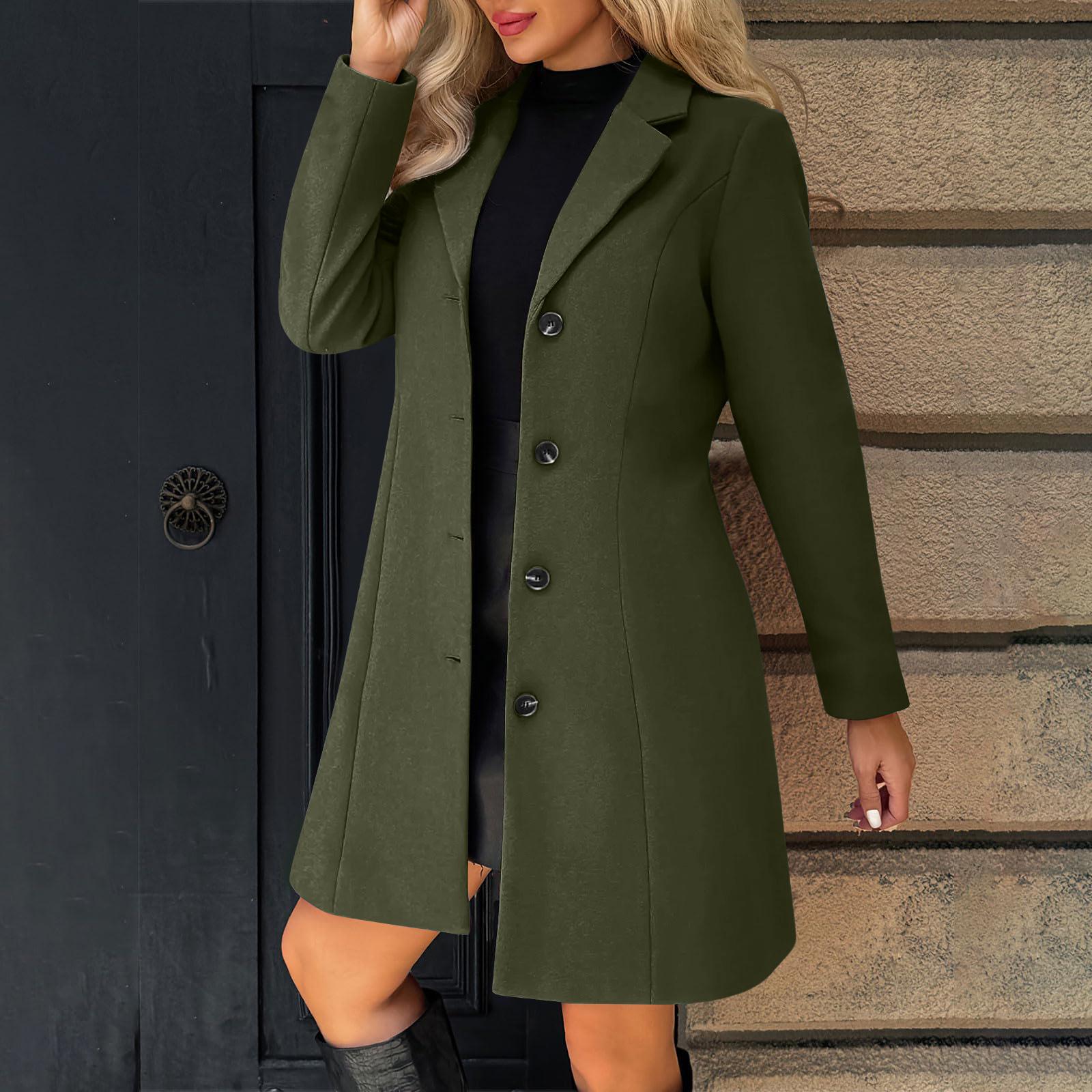 

Women s Solid Color Long Sleeved Lapel Long Coat Woolen Button Coat M