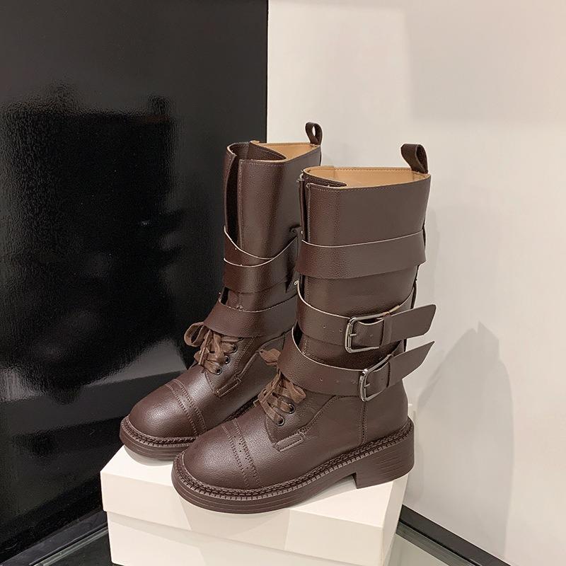 

Fashion Design Metal Belt Buckle Mid Calf Boots Women 2026 Punk Medium Heel Western Cowboy Boots Autumn Winter Shoes Women 35 36 35 коричневый