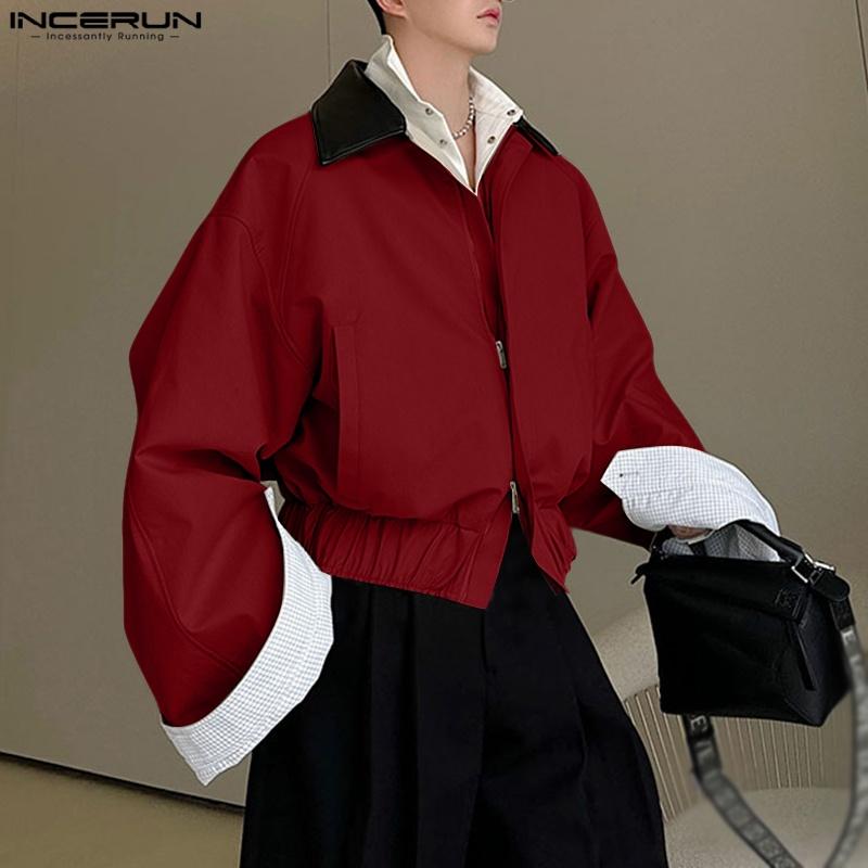 INCERUN S-5XL Men Stitching Collar Zipper Up Long Sleeve Loose Cargo Jackets Coats