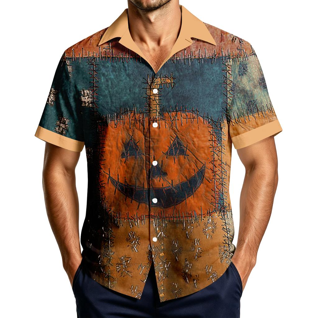 Men's Casual Short Sleeve Shirt with Halloween Print for Parties and Everyday Wear