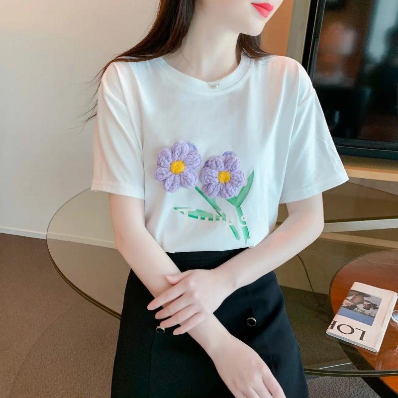 Spring Summer Women Tulip Print T Shirt 3D Crochet Flower Decoration Casual Crew Neck Short Sleeve Sweet Pink Tee Tops
