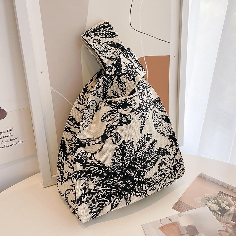 Japanese Thin Stripe Plaid Tote Bag Women Casual Color Handmade Knit Handbag Student Reusable Shopping Bag Keys Purse Handle Bag