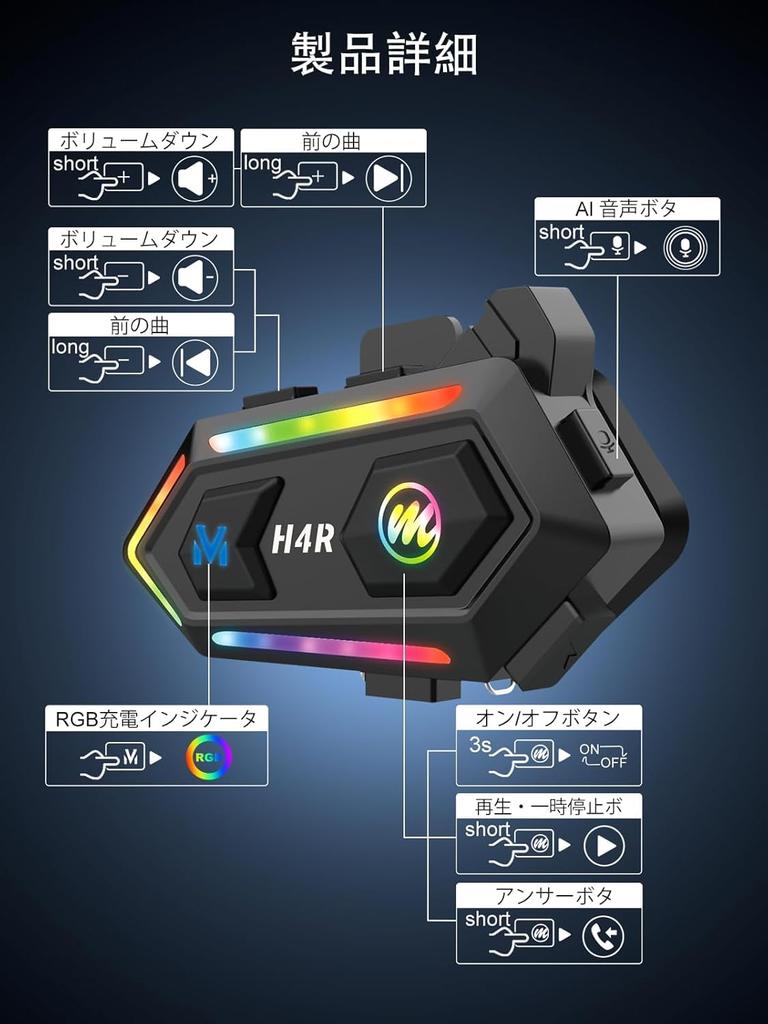Motorbike Headset, Moman H4R Bike Intercom Earphones, AI Voice Assistant, RGB, 16 Color Modes,