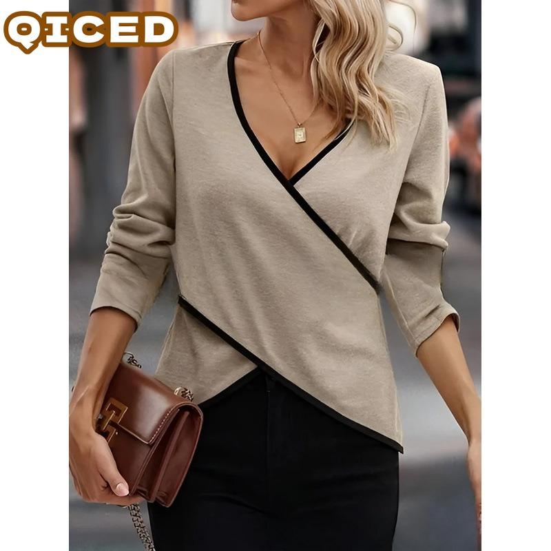 QICED Women's Fashion Casual Solid Color Print Long Sleeve V Neck Blouses & Shirts