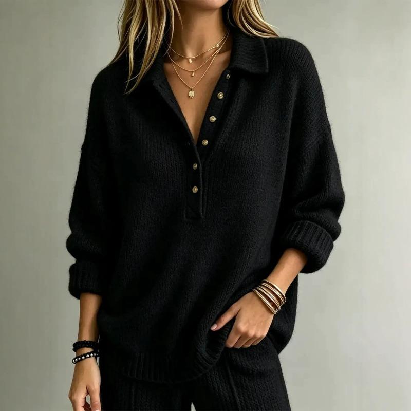 Women's Polo Collar Button Neck Knit Sweater Long Sleeve Loose Pullover Solid Color Casual Autumn Winter Top