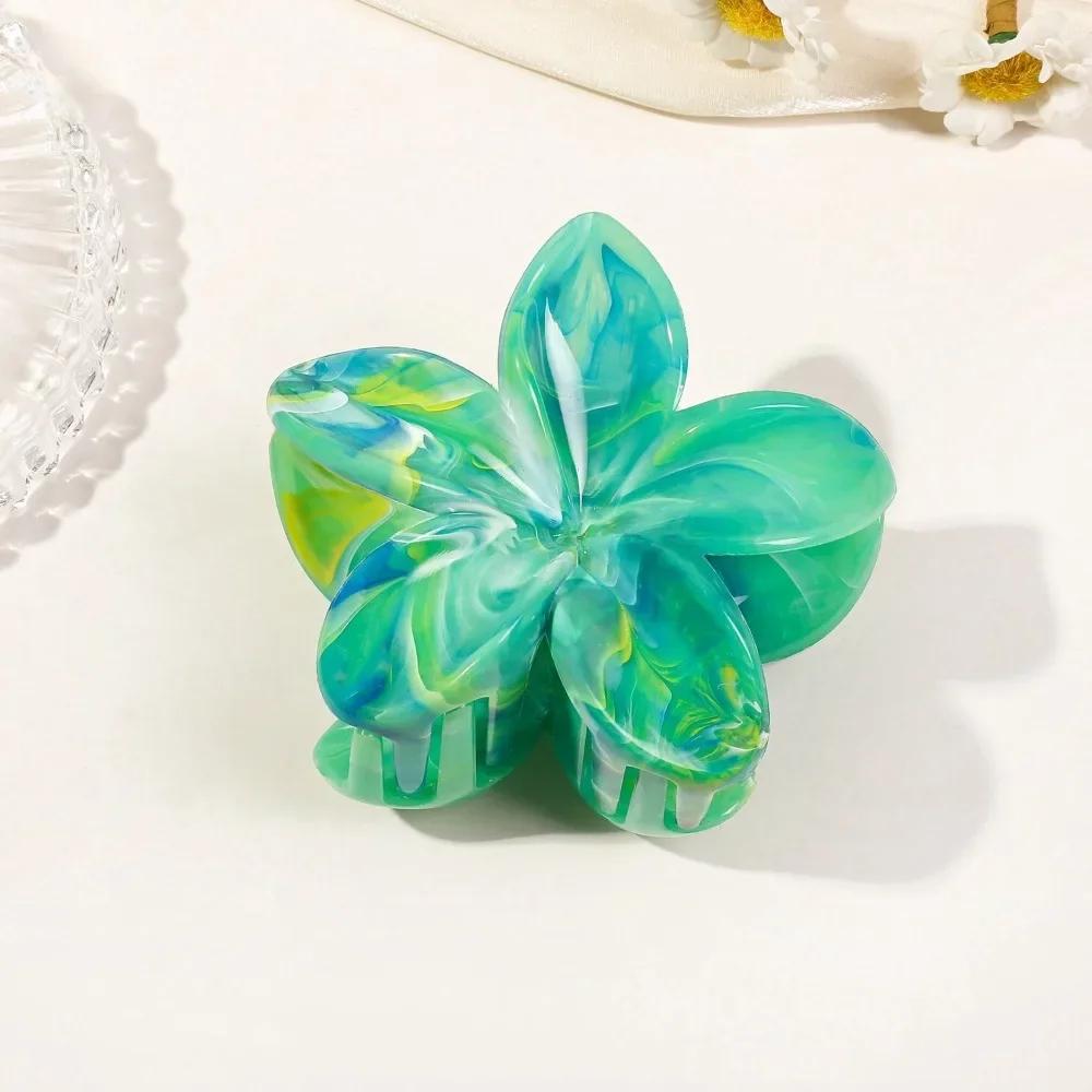 8cm Marble Pattern Frangipani Flower Hair Claw for Women Handmade Dyeing Design Acrylic Large Shark Clips Vacation Accessories