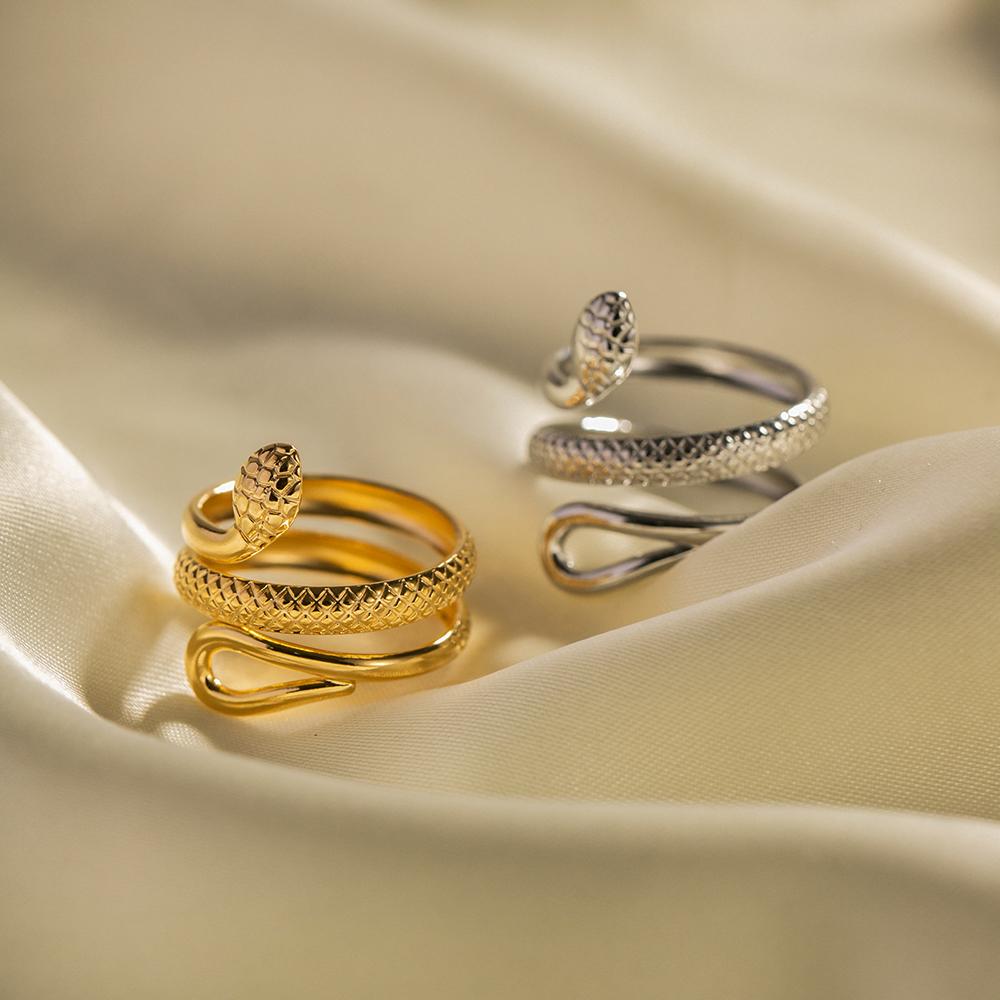 Yori Waterproof Stainless Steel Charm Snake Ring Statement Texture Adjustable Golden Personality Jewelry Accessories