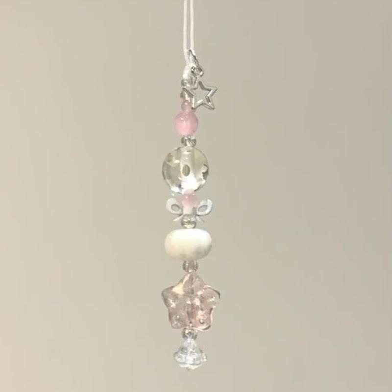 Sweet Clear Star Bead Charm Pendant Chain Phone Strap Pocket Keychain Strap Hangings Decoration for Key Bag Purse