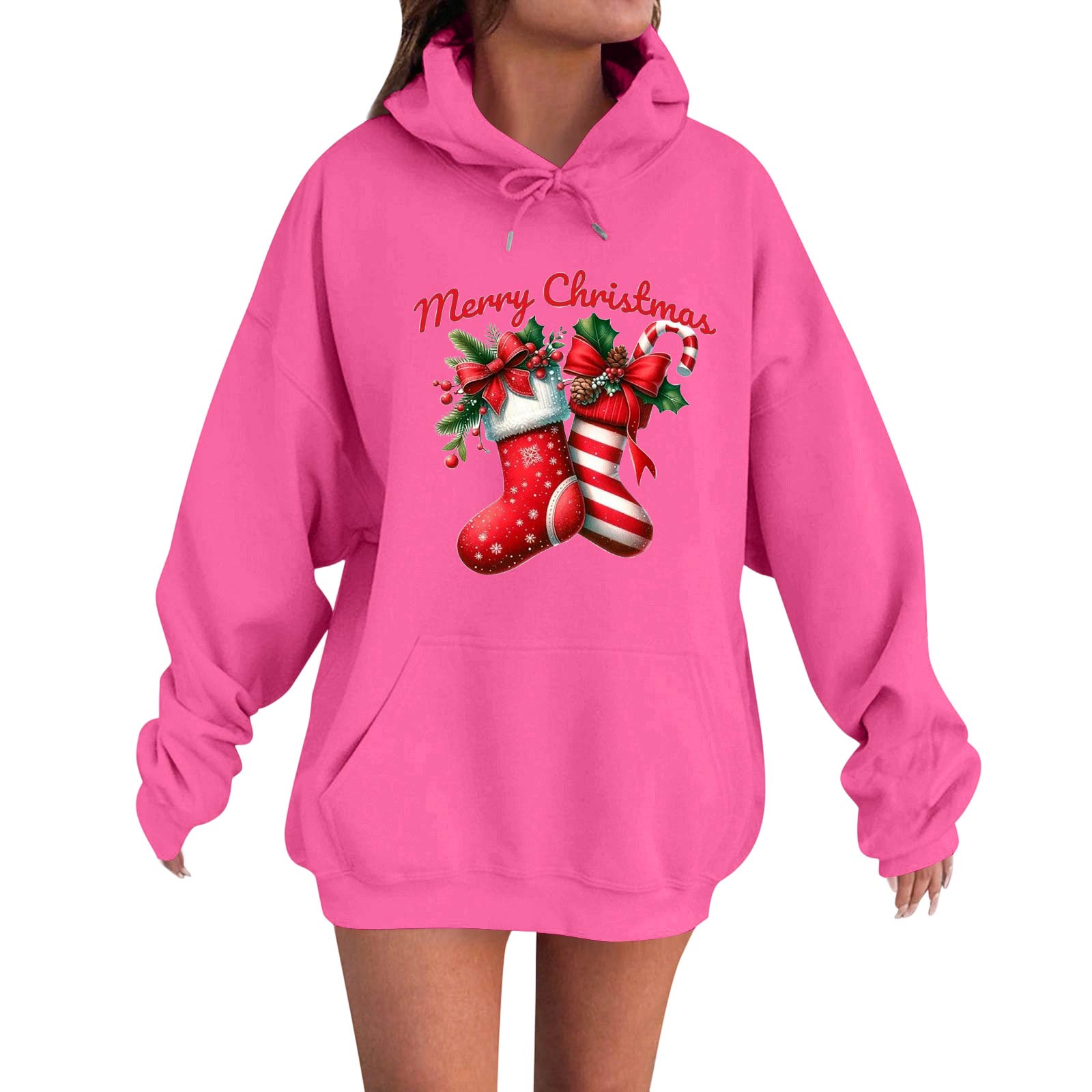 

Women s Fashion Casual Long Sleeve Loose Christmas Print Hooded Sweatshirt L