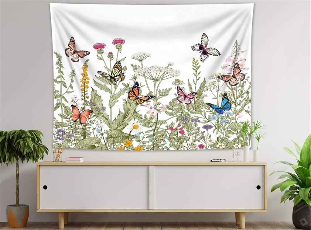 Floral Butterfly Tapestry Wall Hanging, Sage Green Leaves and Wildflower Butterfly Wall Decor Spring Plant Tapestry for Bedroom