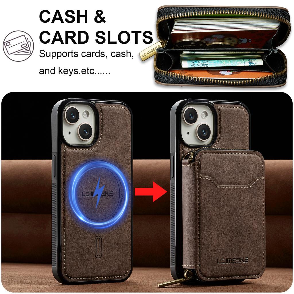 LC.IMEEKE L6 For iPhone 13 Mini/12 Mini Magnetic Case Detachable Zipper Wallet Leather Coated PC + TPU Phone Cover