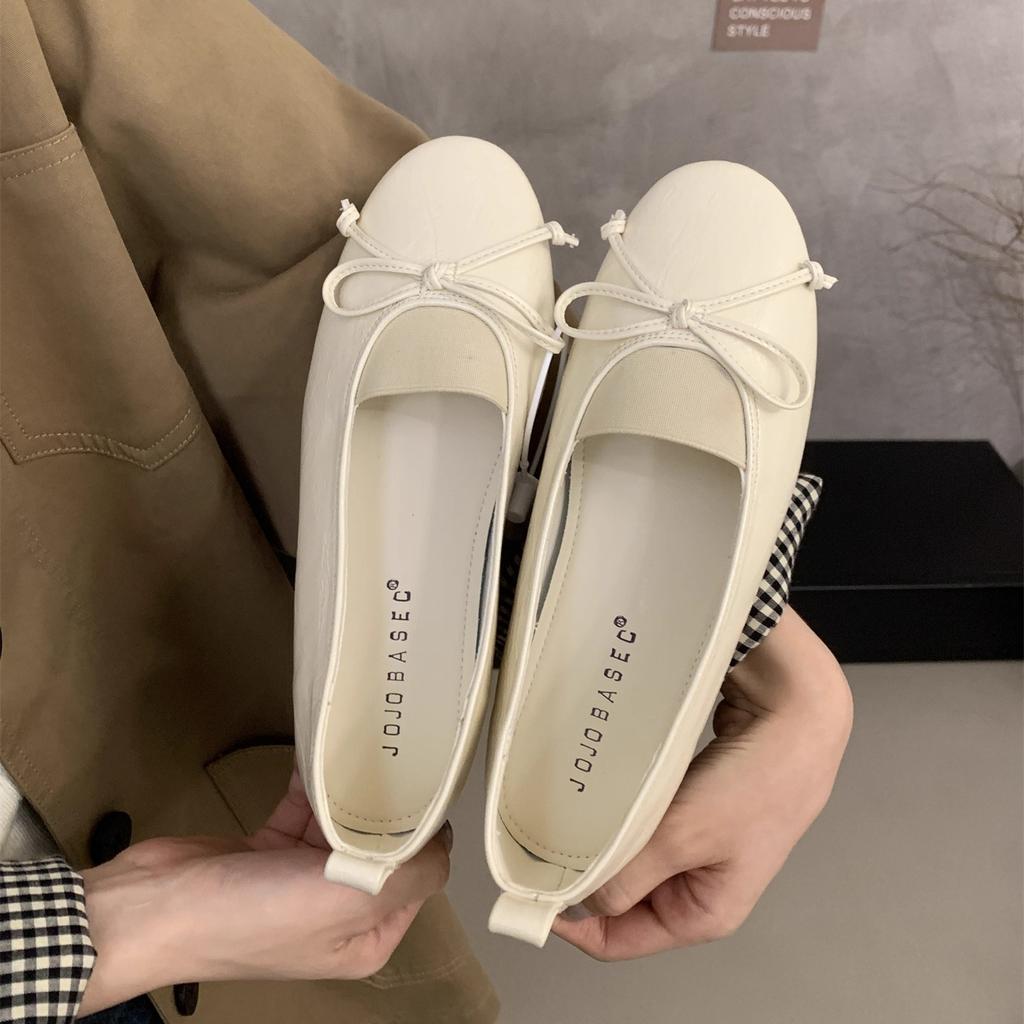 Retro Bow Doudou Shoes Women's 2025 New Japanese Round Head Shallow Mouth Single Shoes Women's Flat Bottom Ladyshoes Grandma Shoes