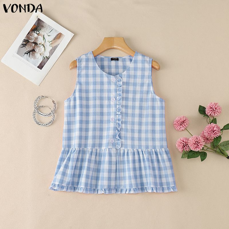 VONDA Summer Women Casual Round Neck Sleeveless Plaid Print Tank Tops