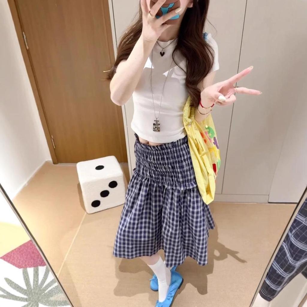 Blue Plaid Women's High Waist A-Line Midi Skirt - Petite, Versatile, and Loose-Fitting.